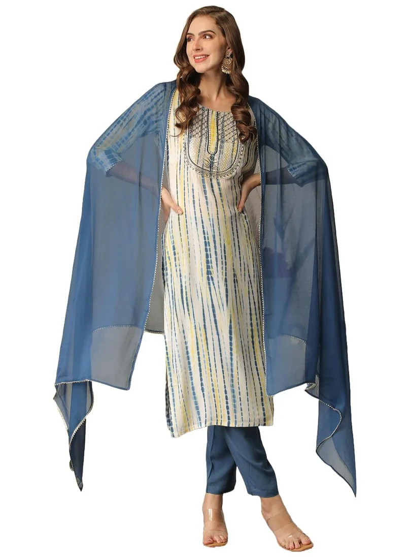 GoSriKi Women's Rayon Blend Straight Printed Kurta with Pant & Dupatta (Tiedye Light Blue-GS_M_Light Blue_Medium)